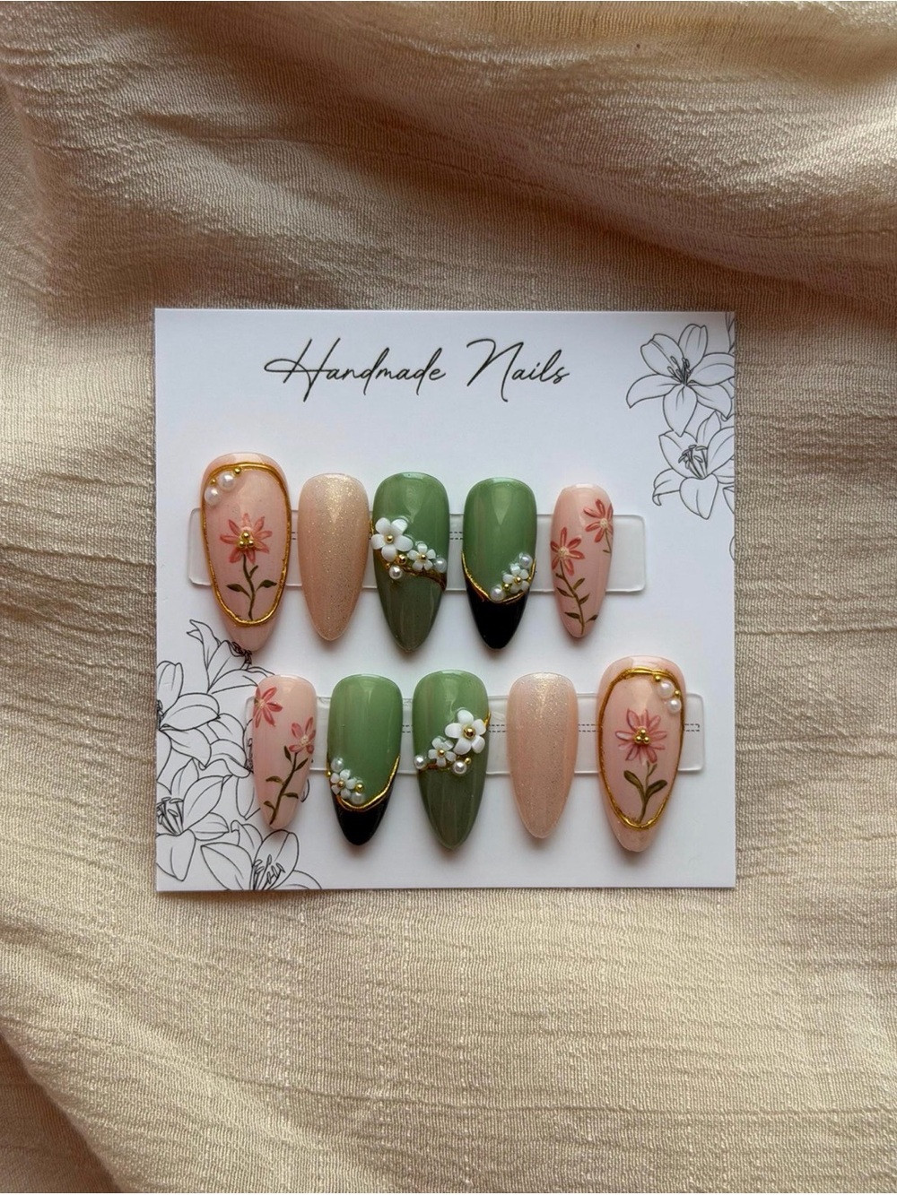 Handmade Women's Press-On Nails — Pink & Green Floral Design